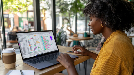 Young data scientist working on a laptop at a trendy cafe, with charts and code on the screen, in a cozy urban setting with natural light. Data scientist