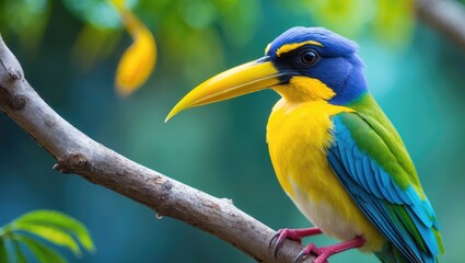 Obraz premium Colorful tropical bird perched on a branch with vibrant green, blue, and yellow feathers. Nature and wildlife photography. Exotic bird in natural habitat.