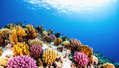 Fototapeta premium Colorful coral reef displaying vibrant marine life with ample copy space for text in a tranquil ocean setting