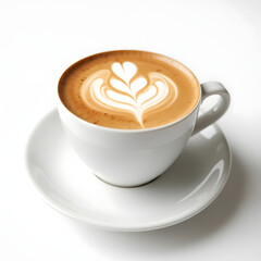 A white coffee cup with a leaf design on it. The cup is sitting on a white plate