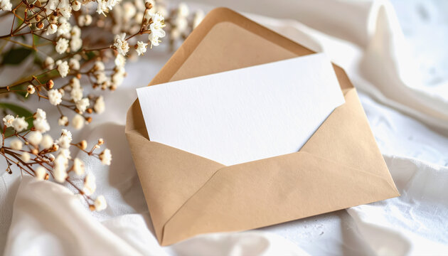 Clean white envelope with blank card inside perfect for engaging email content and copy space for creative text ideas