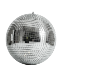 A perfectly isolated, classic silver disco ball with highly reflective mirror tiles against a transparent, seamless, shadow-less background with copy space, symbolizing optimism, innovation, and