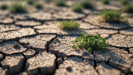 Obraz premium Dry cracked earth with a small green plant growing, representing resilience and renewal in arid conditions.