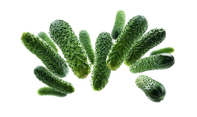 Green cucumbers levitate on a white background