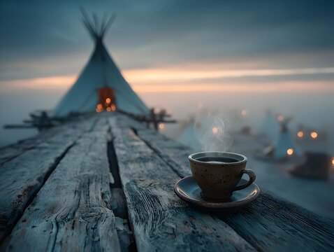 Warm drink steams on a wooden dock in the early morning overlooking native teepees in the misty distance. - Powered by Adobe