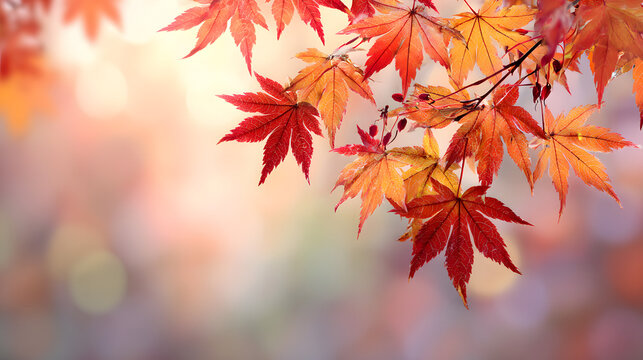 web banner design for autumn season and end year activity with red and yellow maple leaves with soft focus light and bokeh background
