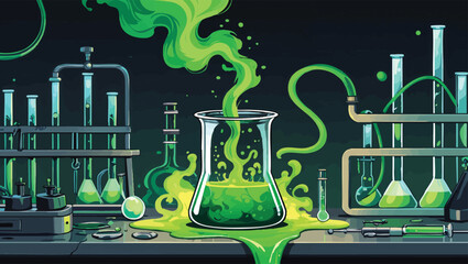 Vintage Science Experiment: Green Liquid Reaction with Smoke in a Rustic Lab