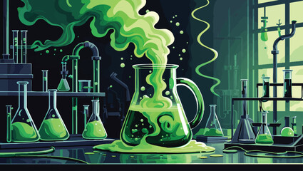 Vintage Science Experiment: Green Liquid Reaction with Smoke in a Rustic Lab
