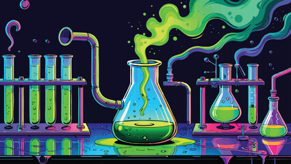 Vintage Science Experiment: Green Liquid Reaction with Smoke in a Rustic Lab