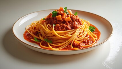 Plate of spaghetti with meat sauce, garnished with chopped vegetables, on a white dish. Classic Italian pasta dish served in a minimalist style.
