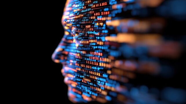 Intricate human-tech hybrid head with binary digits and geometric lines in dark space. Data scientist