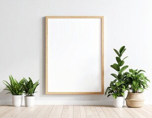 Vertical wooden picture frame mockup leaning against a white wall with surrounding green houseplants.