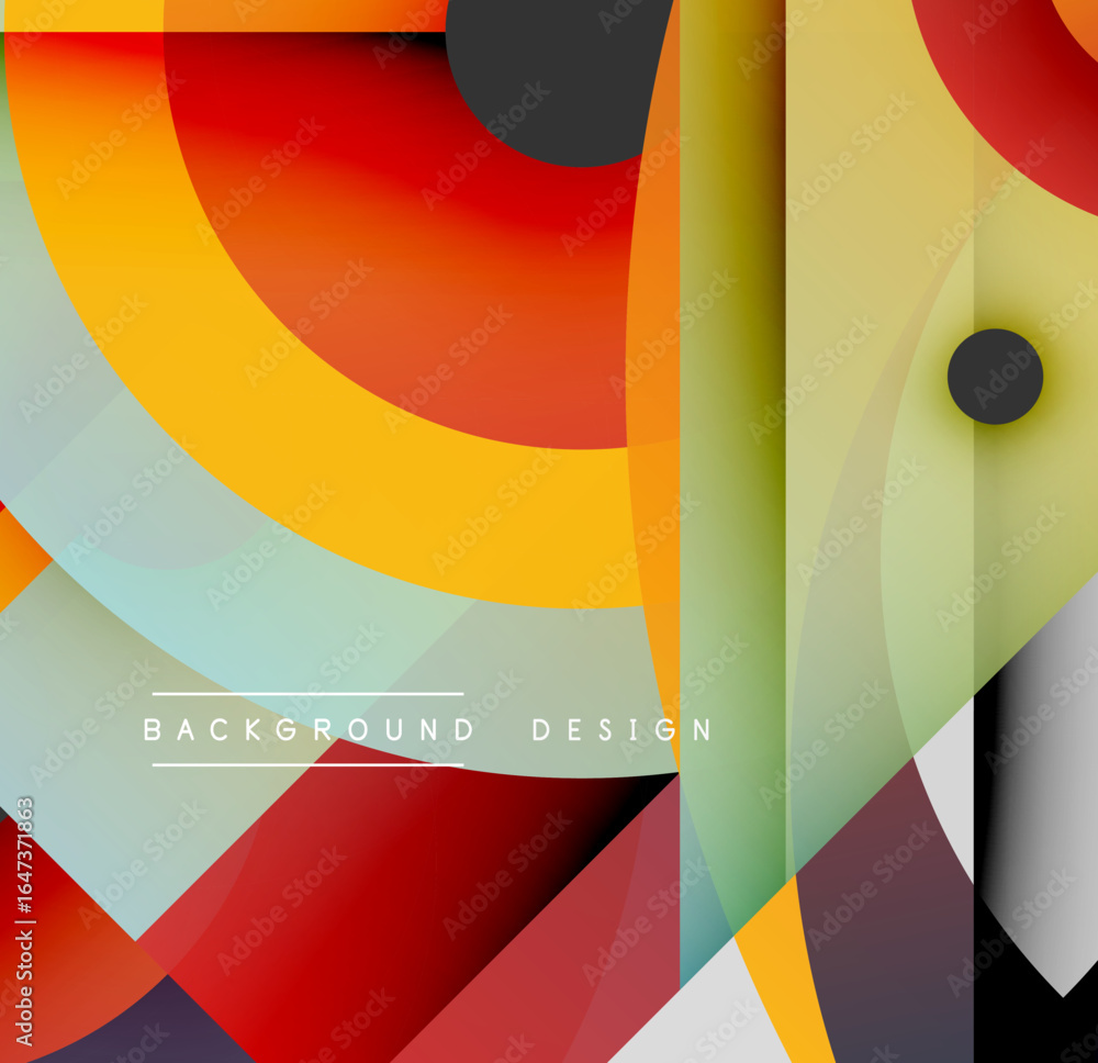 Poster abstract geometric shapes overlap. vibrant colors create dynamic composition. modern design elements