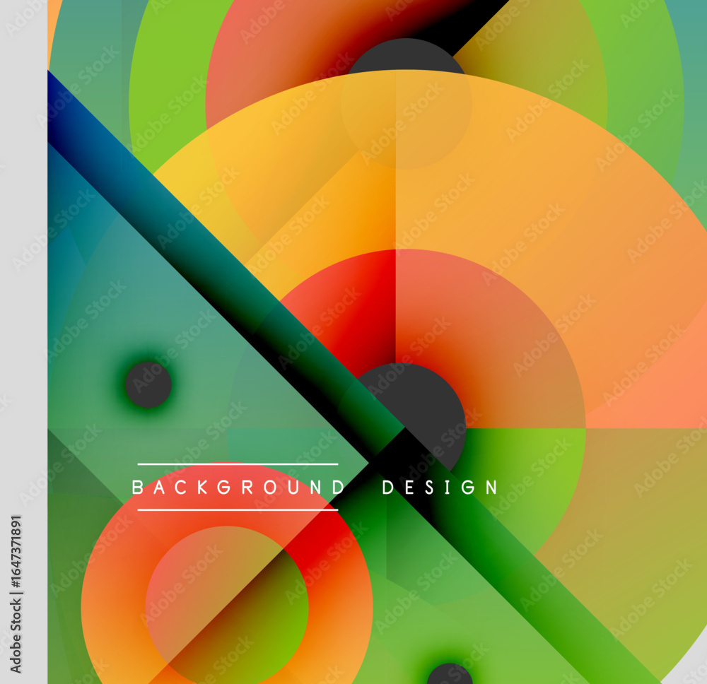 Poster abstract geometric composition. vibrant colors blend, creating dynamic visual experience. circles, t