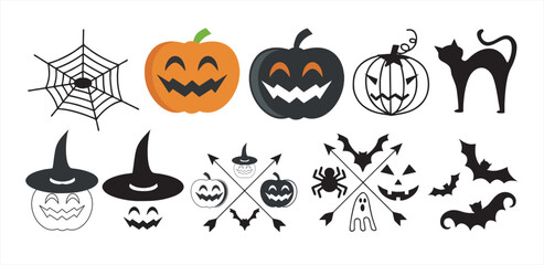 Print, Halloween icon. Halloween icon set. Silhouette style, Big set of silhouettes of Halloween on a white background. Vector illustration.