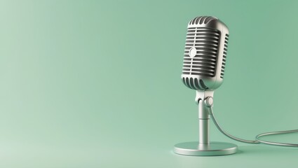 A vintage-style microphone on a stand with a cord, set against a solid light green background.