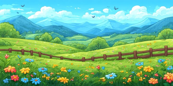 SFONDO CARTONE ANIMATO: PAESAGGIO PRIMAVERILE CON COLLINE VERDI, FIORI E CIELO SERENO