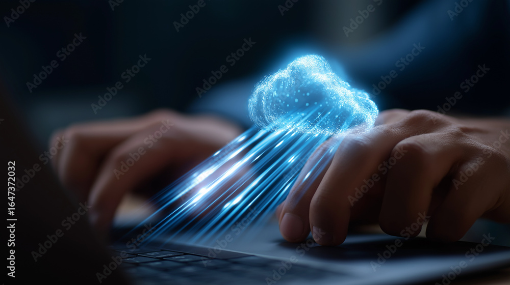 Poster data upload to cloud icon with blue light streams