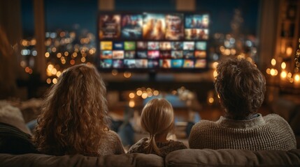Fototapeta premium Family Browsing Products on Smart TV Together in Cozy Living Room