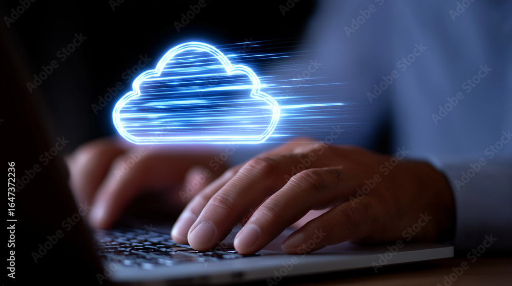 Poster data transfer to cloud icon representing secure cloud computing upload