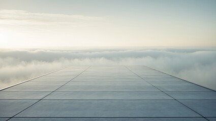 A modern rooftop or helipad above the clouds with a clear sky, emphasizing sleek architecture and elevation.
