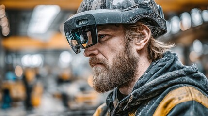 Industrial worker wearing augmented reality helmet diagnosing heavy machinery