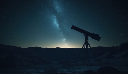 Silhouetted telescope against starry night sky with rolling hills backdrop, symbolizing cosmic exploration and discovery in astronomy with vast landscape depth
