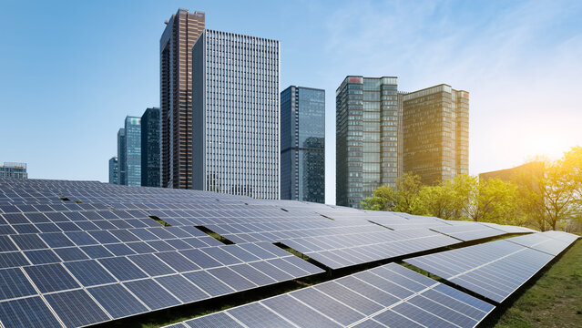 Solar Panels in Urban Area with Modern Buildings