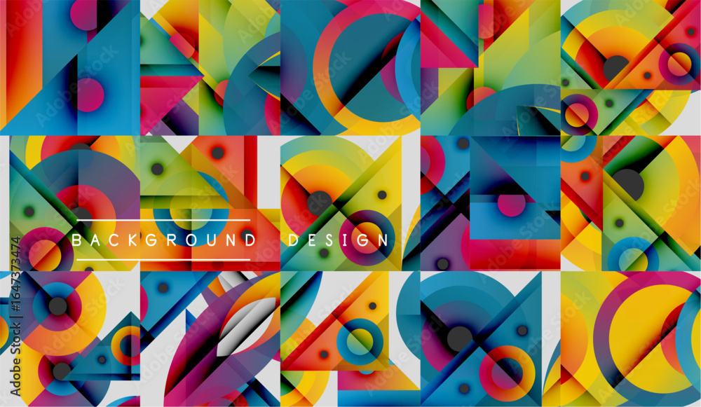 Poster abstract geometric patterns, vibrant colors, squares overlap creating dynamic visual texture. backgr