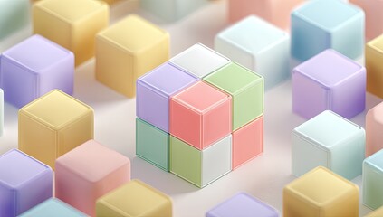 Fototapeta premium Abstract composition of pastel-colored cubes. A central, slightly larger cube is formed by smaller, individual cubes, each in a pastel shade