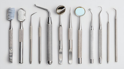 Dental tools toothbrush and mirrors arranged neatly on white background