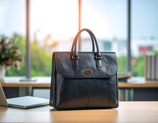 Black leather briefcase on a desk