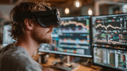 Fototapeta premium Stock Trader Immersed in Virtual Reality Headset Analyzing Market Flows