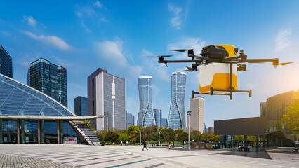 Fototapeta premium Drone delivering package over modern city business district