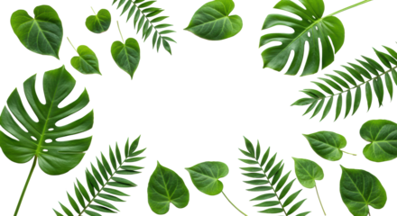 Overhead flat lay of diverse pristine green botanical leaves (Monstera, Alocasia, heart-shaped) on a stark white background with negative space. Concept of natural elegance and organic purity
