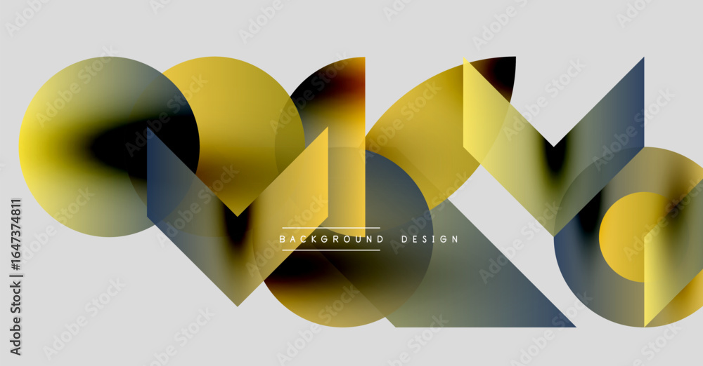 Poster abstract geometric shapes overlap, creating dynamic visual effect. gold, blue hues dominate neutral 