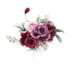 Fototapeta premium Beautiful red and purple roses with watercolor leaves