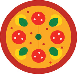 Flat design icon of a classic pepperoni and basil pizza with a red crust food