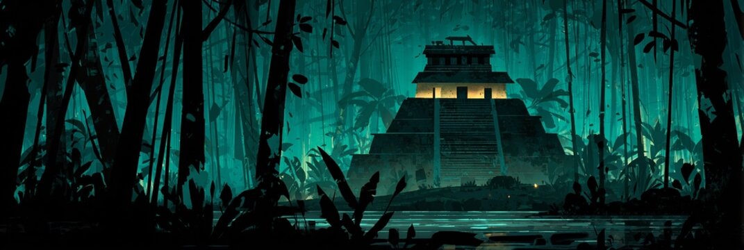 Antica piramide Maya immersa nella giungla verdeggiante illuminata da luci soffuse, mistero e avventura.