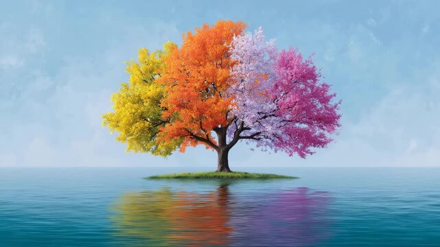 Tree with multicolored foliage representing four seasons standing alone in calm water with clear sky reflection