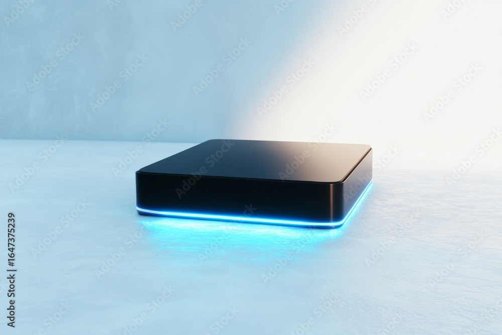 Poster futuristic gaming console with neon lights on minimalistic background for tech design concepts