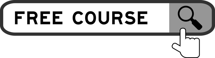 Search banner in word free course with hand over magnifier icon on white background