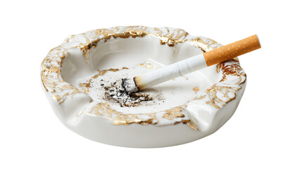 Smoldering cigarette in elegant ashtray with gold trim detail