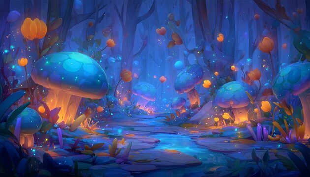 Foresta magica e incantata con funghi luminosi e lucciole scintillanti, atmosfera fiabesca