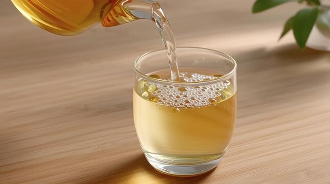 Pouring Beverages: A glass of tea, filled with a light-colored tea that is being poured from a glass pitcher, resting elegantly on a wooden surface.
