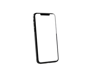 Black smartphone, blank white screen, top notch, side buttons, transparent studio background, soft shadow, copy space, tech advertising concept