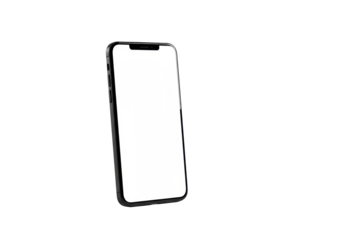 Black smartphone, blank white screen, top notch, side buttons, transparent studio background, soft shadow, copy space, tech advertising concept