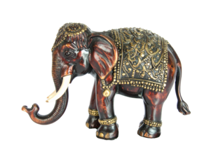 Realistic Indian elephant figurine isolated on white background, showing lifelike texture, fine details, cultural charm, elegant design, artistic craftsmanship, natural color tones, decorative appeal,