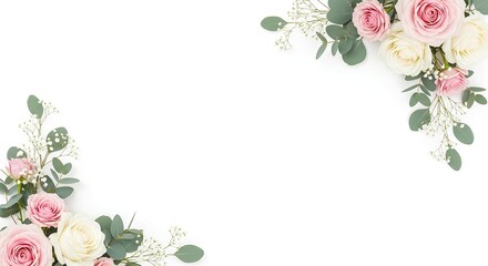 Elegant floral border frame with soft pink and white roses, fresh eucalyptus, and delicate baby's breath on a pristine white background.