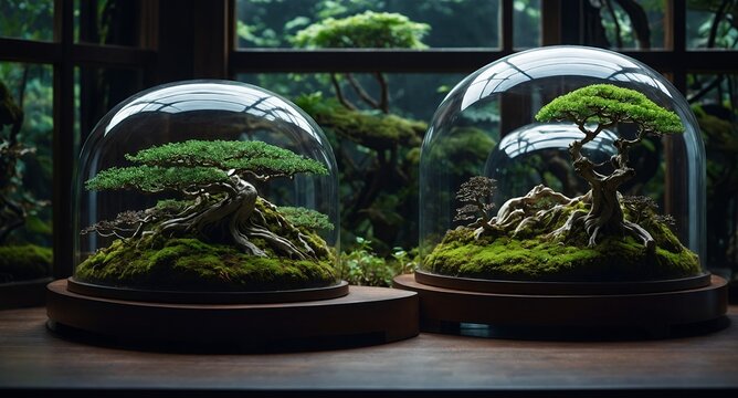 Two bonsai trees in glass domes on a wooden surface with a blurred background of greenery